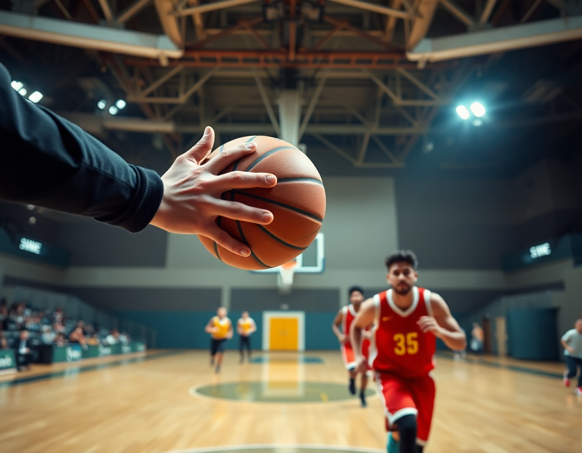 Primo piano sulle mani che passano la pallacanestro durante basket esercizi di tiro a squadre nel canestro.