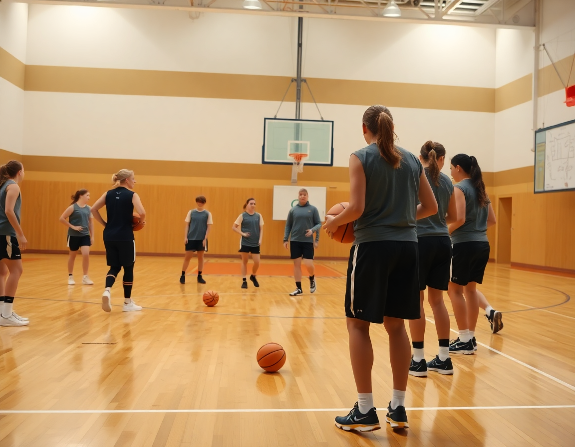Dettaglio di una sessione di basket femminile giovanile: coach al whiteboard e mani che impugnano una palla arancione.