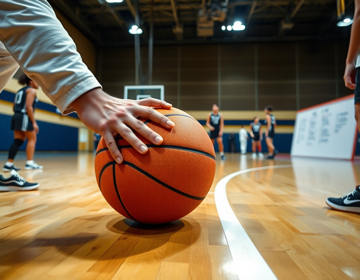 Caso di un coach che scrive tattiche sul whiteboard durante una sessione di basket femminile giovanile.