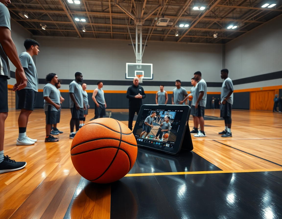 Clip di basket femminile giovanile: atlete osservano video su tablet di basketball mentre il coach guida la discussione.