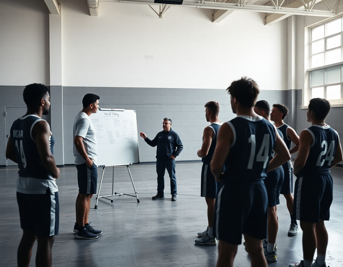 Coach mostra piano settimanale per basket giovanile davanti alla squadra in palestra.