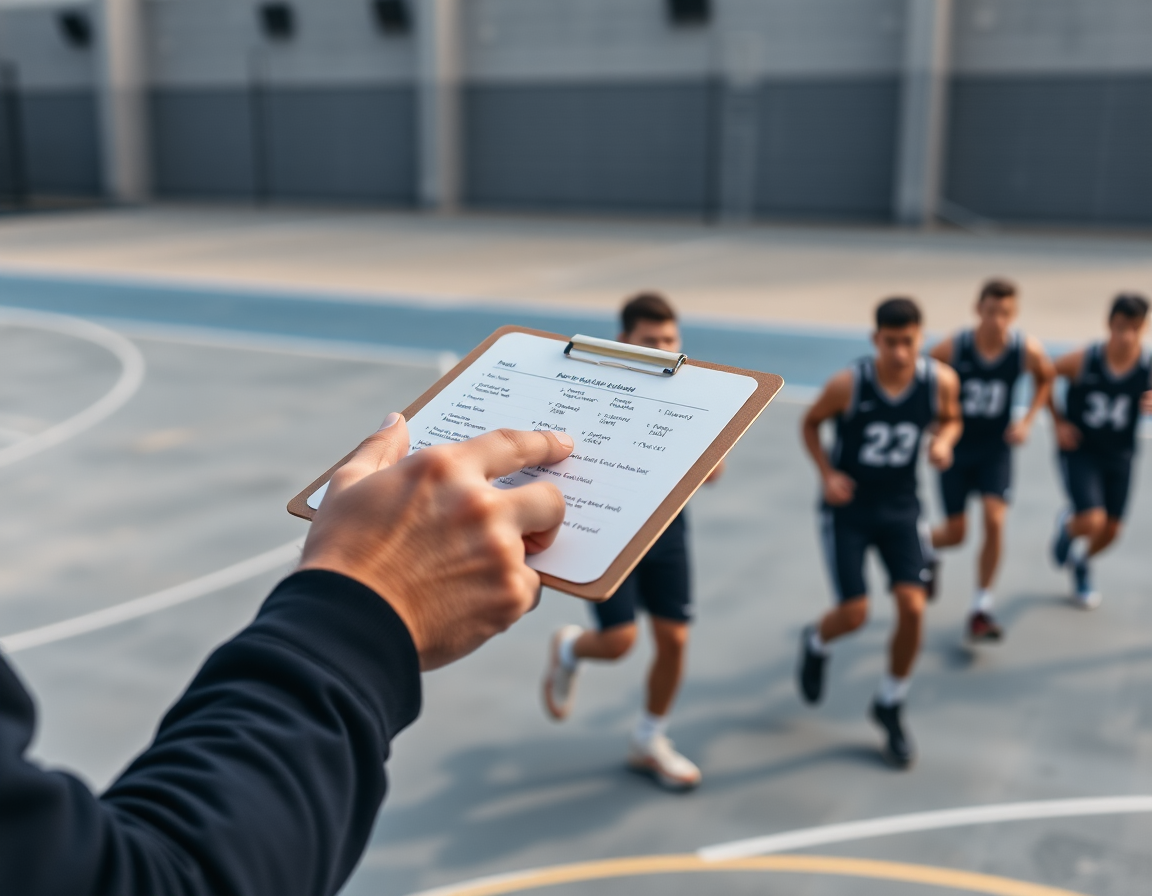 Mani di coach con clipboard guidano un drill di basket giovanile.
