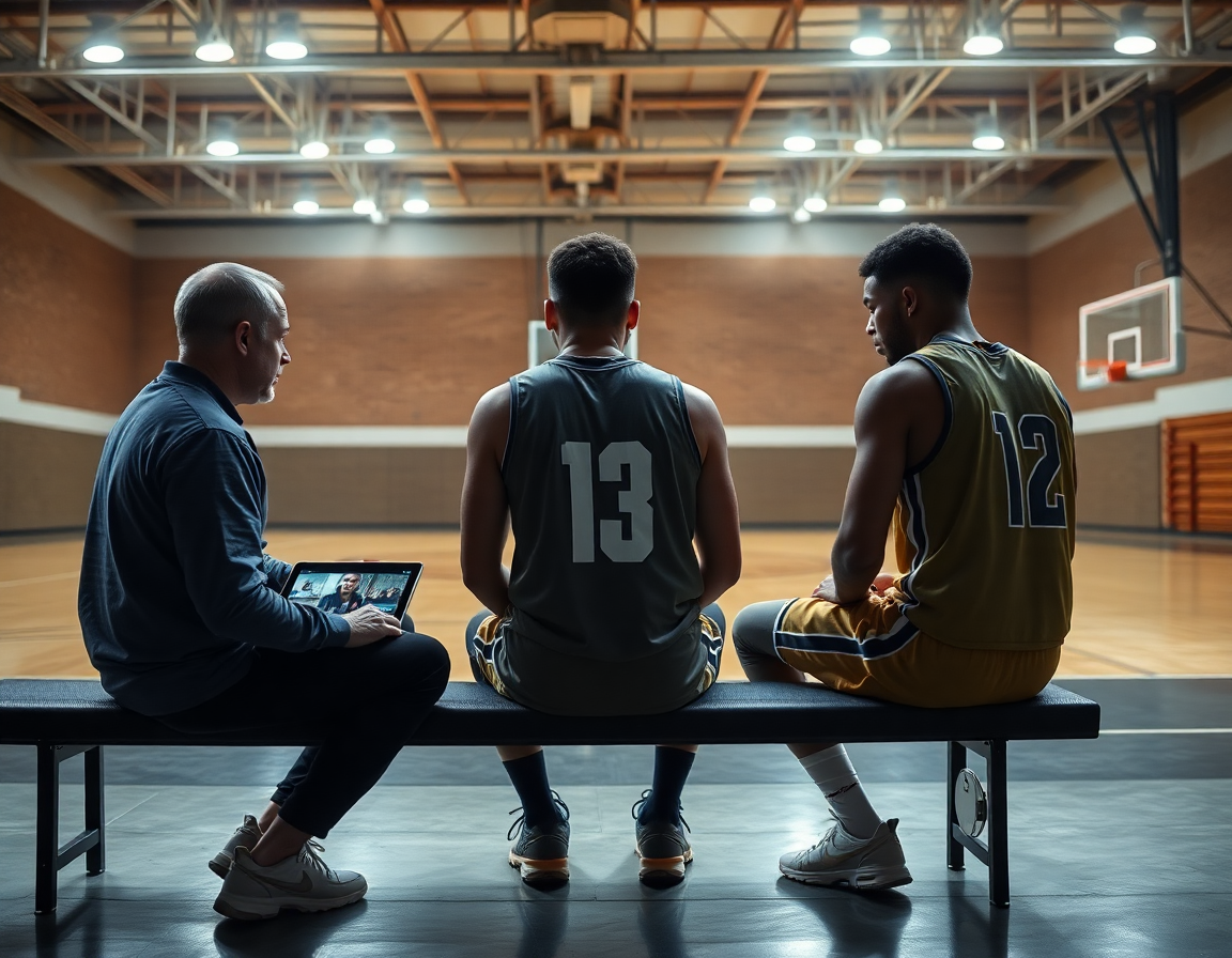 Allenatori e giocatori rivedono video scouting su tablet durante l'allenamento di basket giovanile.