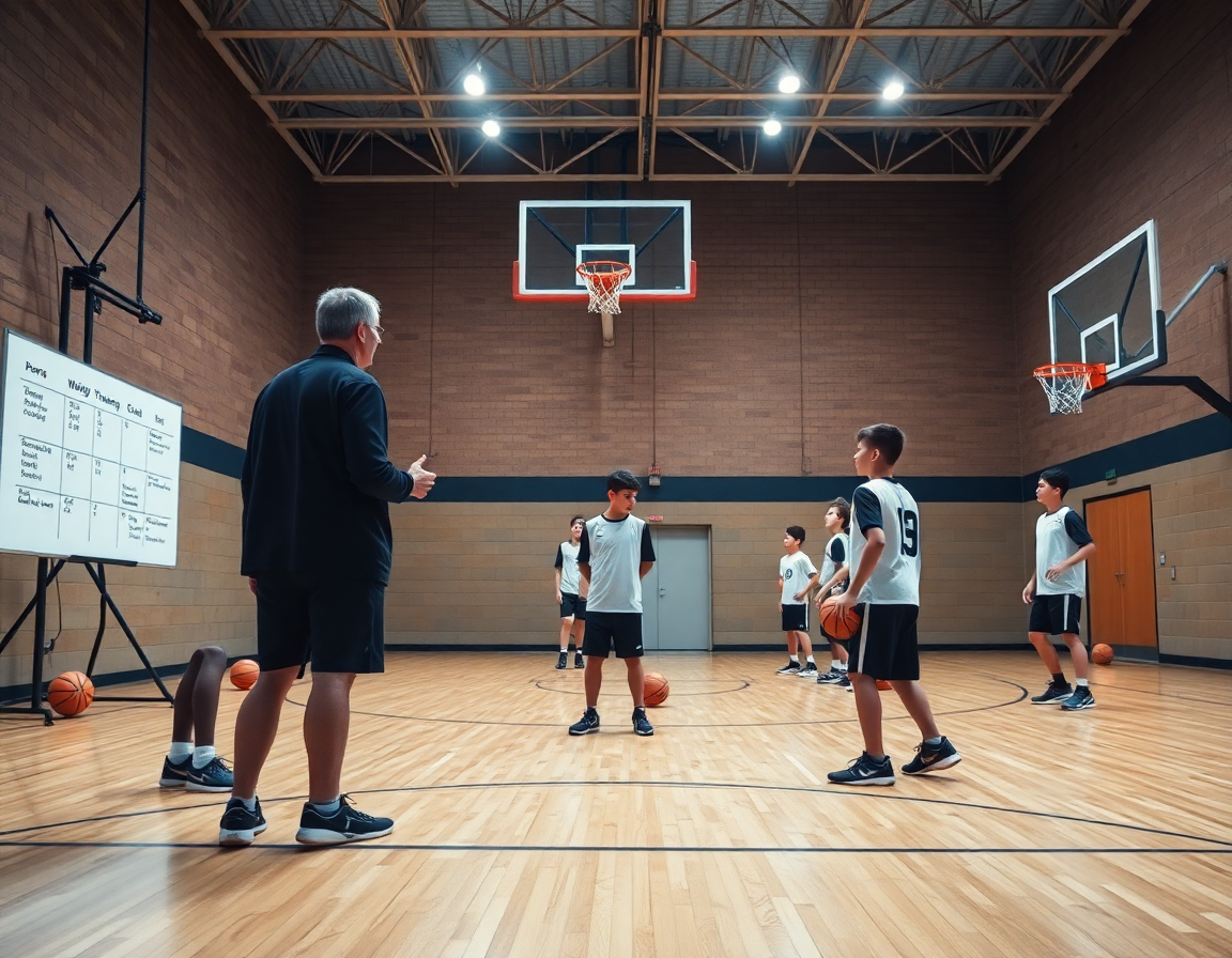 Allenatore spiega la programmazione settimanale durante una sessione di basket giovanile Reggio Emilia.
