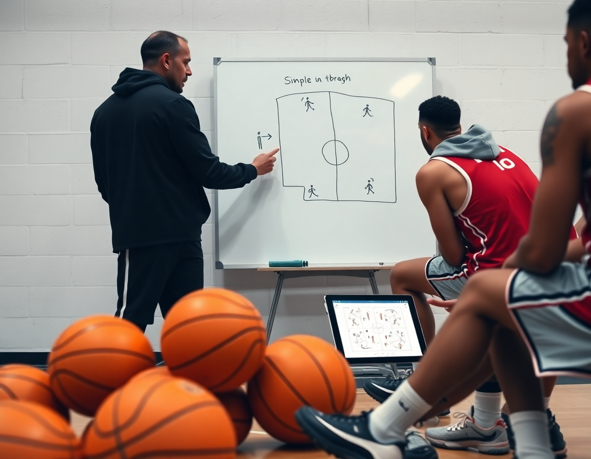Allenatore disegna una giocata di basket giovanile Reggio Emilia su una lavagna tattica, i giocatori osservano attentamente.