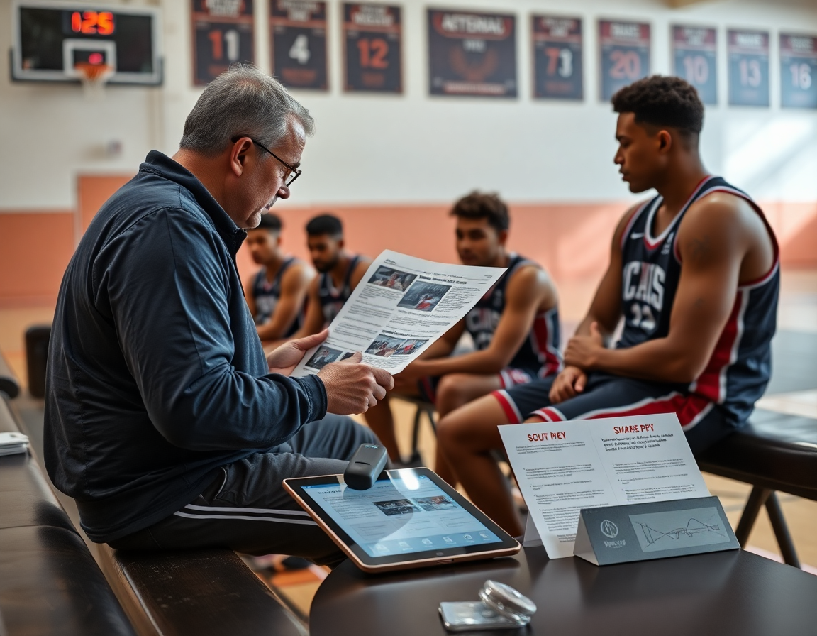 Allenatore analizza report di scouting e clip durante la pratica di basket giovanile Reggio Emilia.