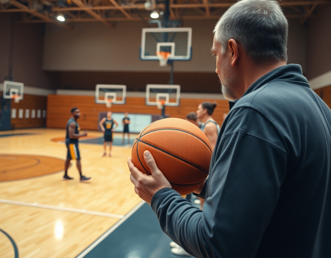 Drill di basket u14 emilia romagna in palestra, squadra in movimento e coach su sideline.