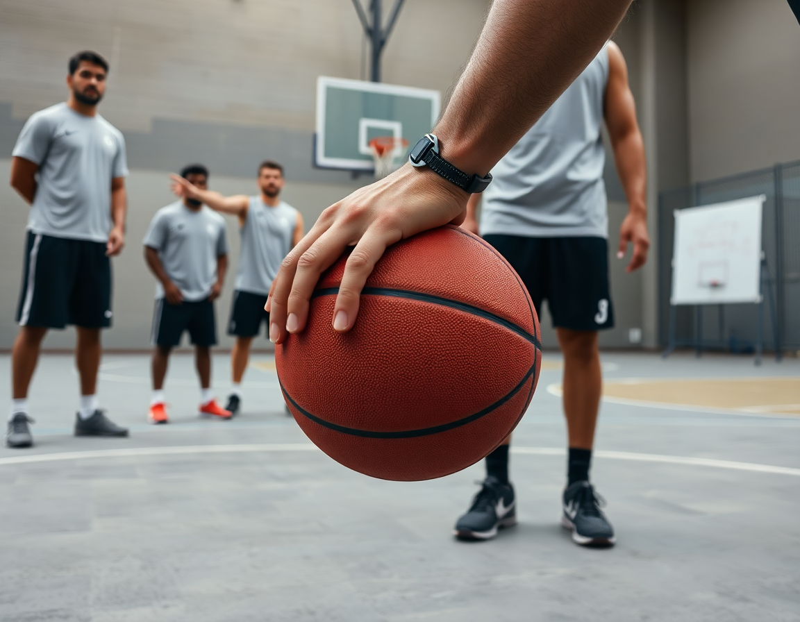 Dettaglio mani e palla durante drill di basket u14 in palestra intensa.