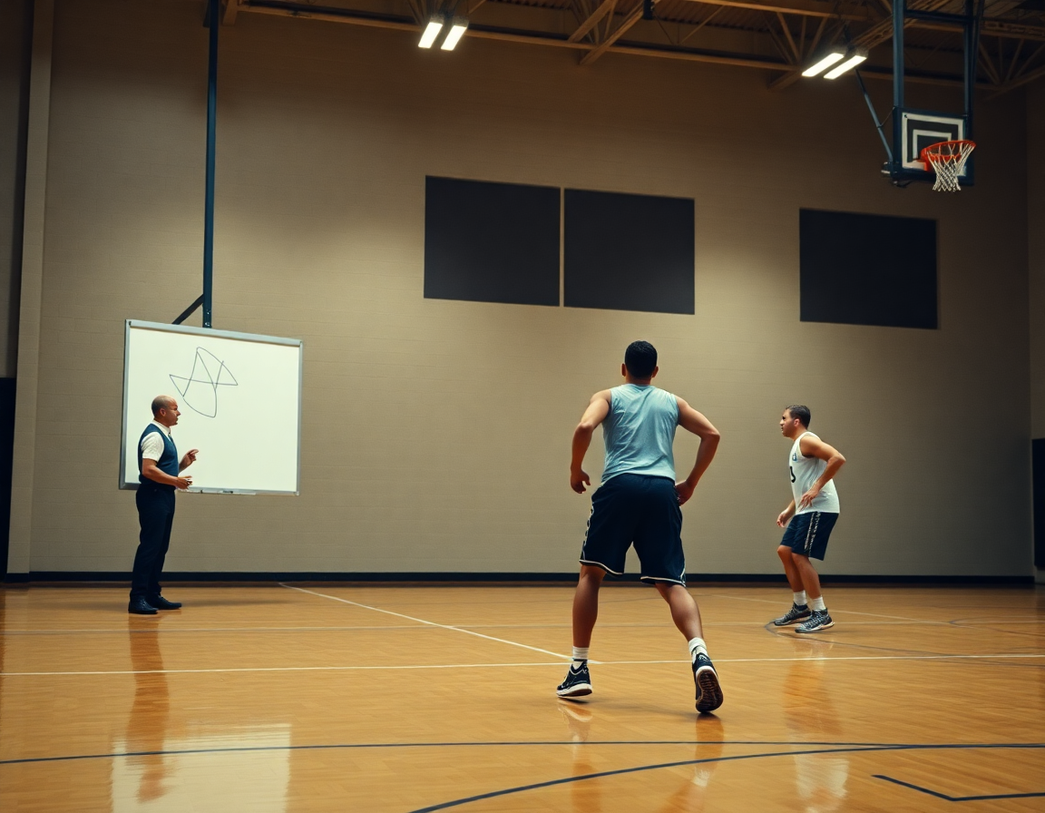 Allenatore scrive sulla lavagna mentre due giocatori eseguono un drill a metà campo.