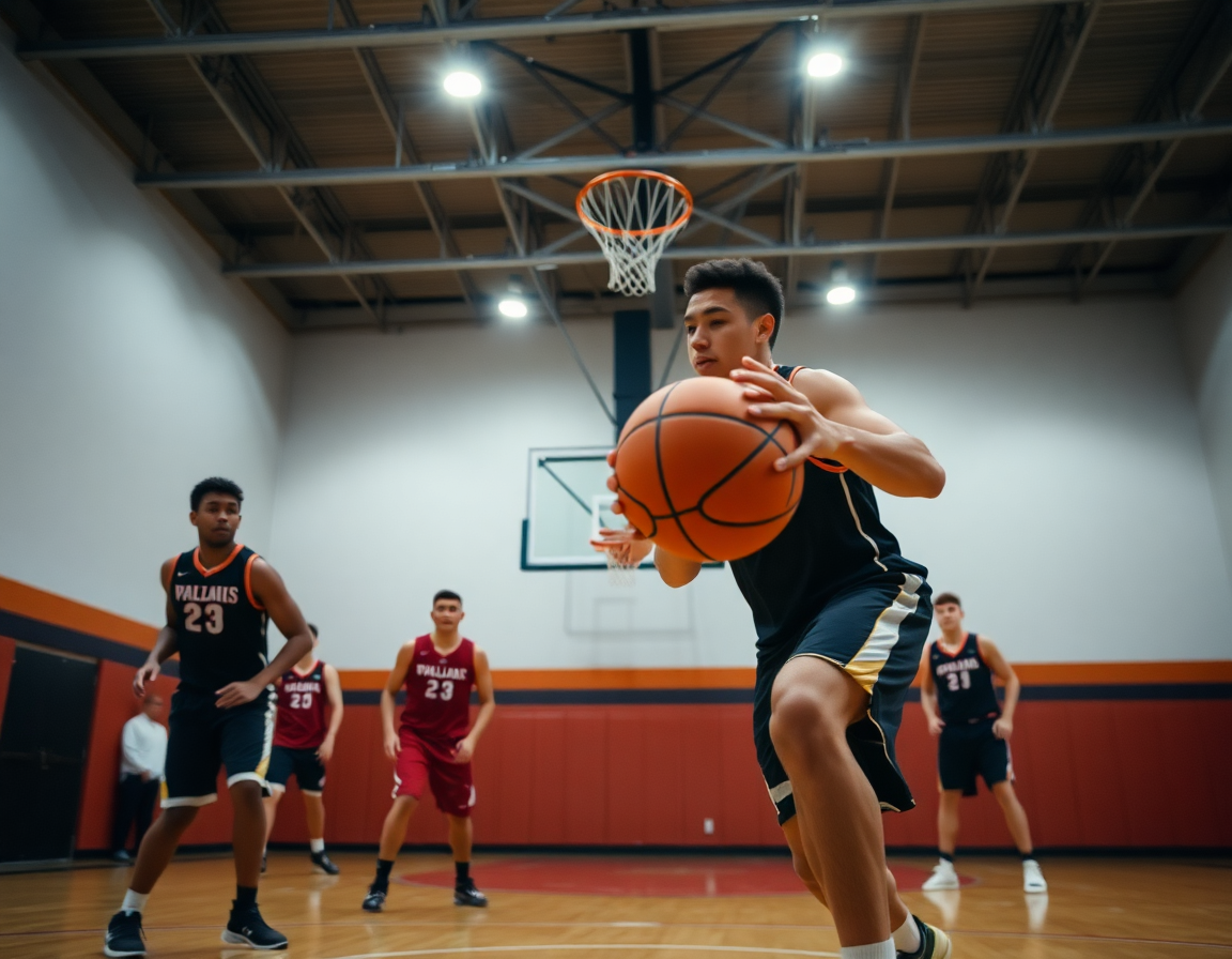 Una mano passa la palla durante un drill, con canestro e campo visibili.