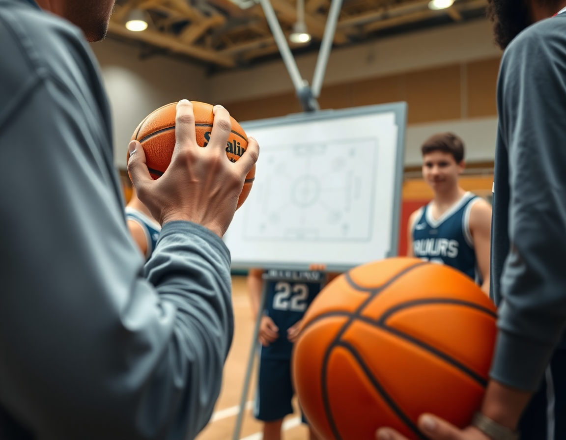 Scena ravvicinata di allenamento basket u16: coach con lavagna tattica mostra una giocata.