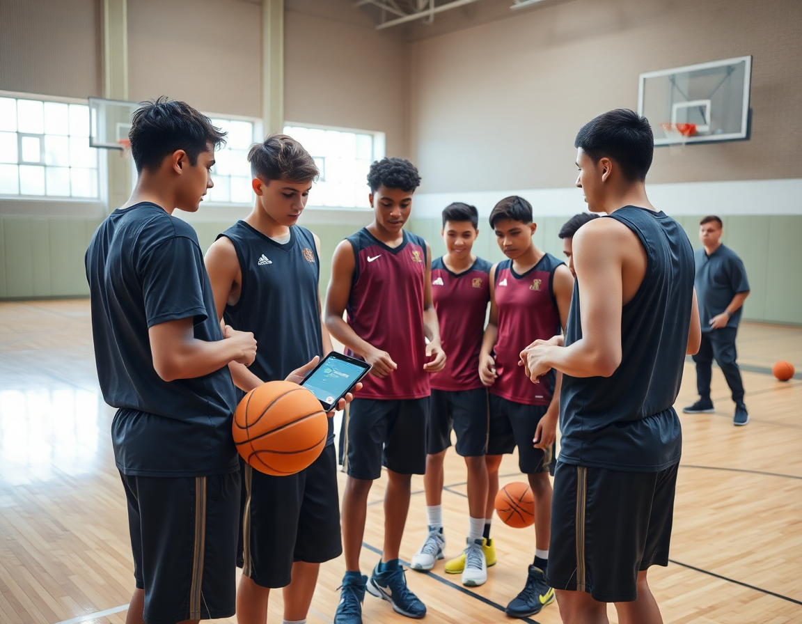 Giocatori basket u16 condividono una playlist di allenamento durante la pratica in palestra.