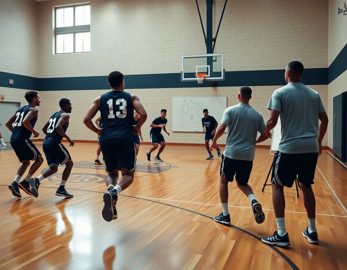 Close-up basketball drill on a hardwood court as a coach draws basketball plays on a whiteboard.