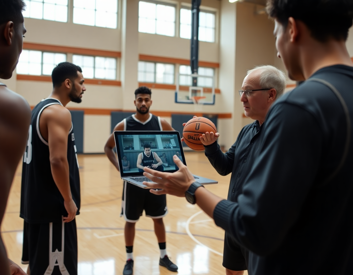 Players watch a laptop replay in a basketball gym as the coach gestures with a basketball.
