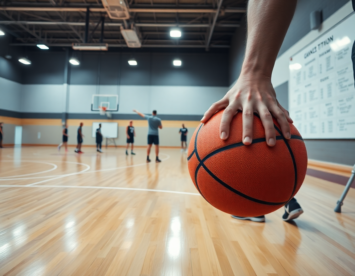 Primo piano di basket u18 italia spagna: mani che palleggiano su parquet.
