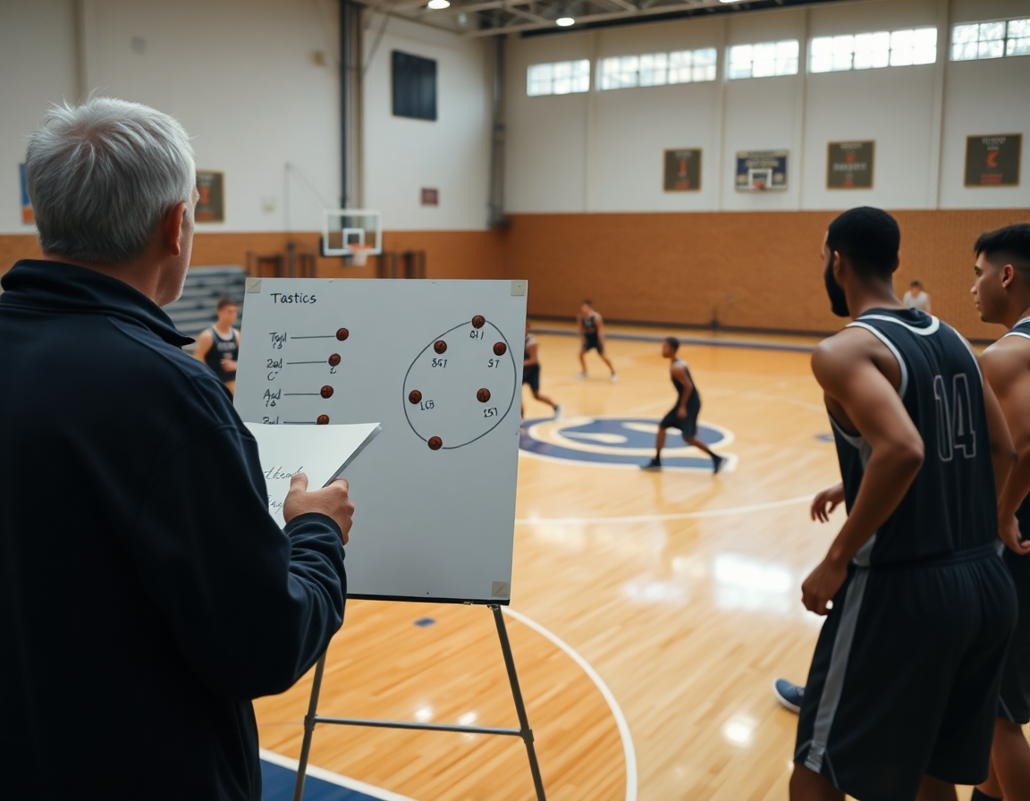 Primo piano su drill blob basket vicino al bordo, coach e pallone arancione.