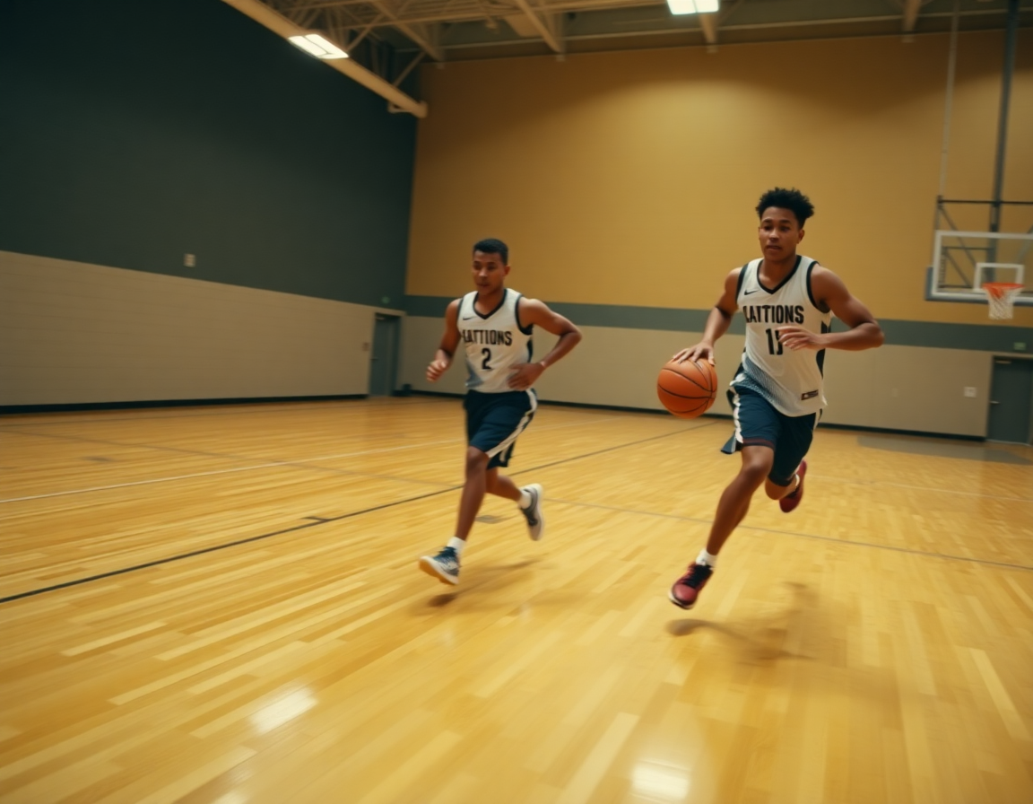 Players running a fast-break drill in practice