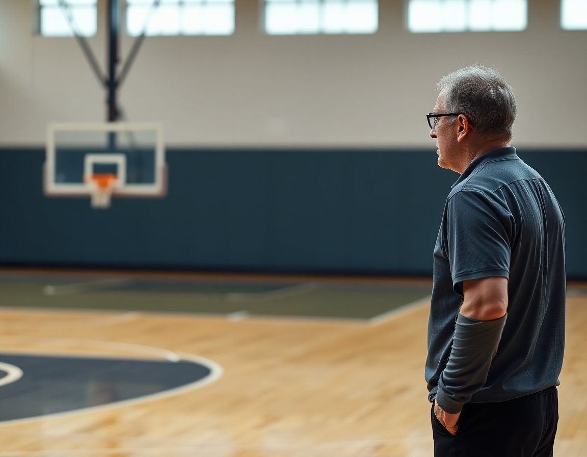 Coach explaining tactics on a gym whiteboard