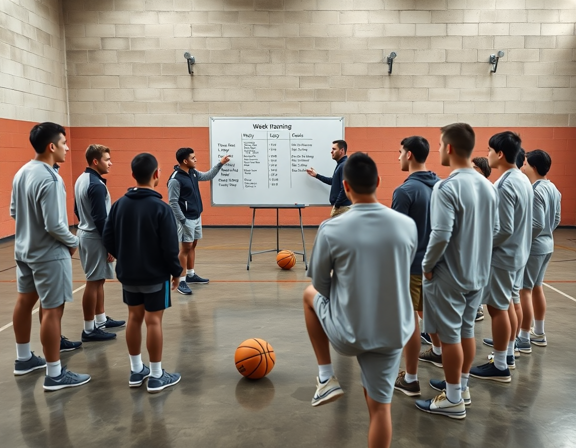 Allenamento guidato dal coach basket durante la definizione degli obiettivi settimanali per il team.