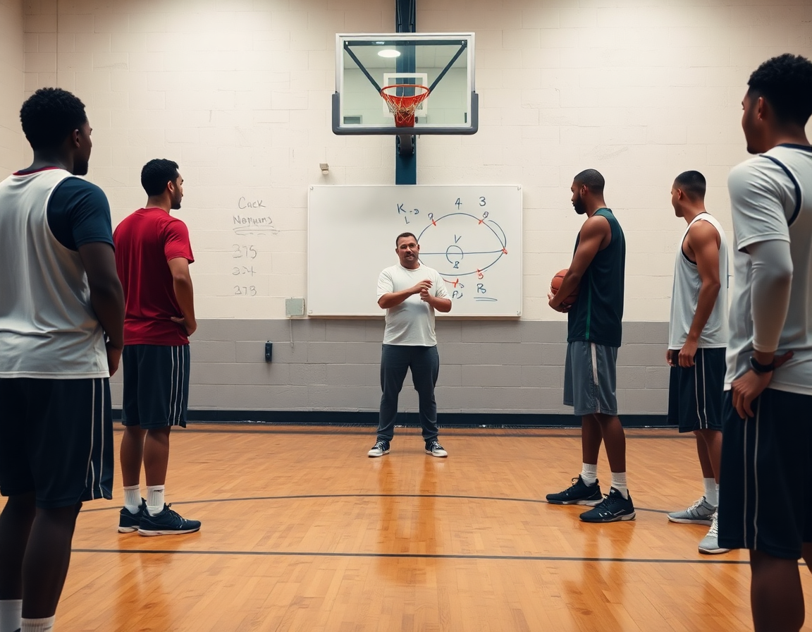 Il coach basket guida i movimenti offensivi disegnati sul quaderno, mentre i giocatori osservano.