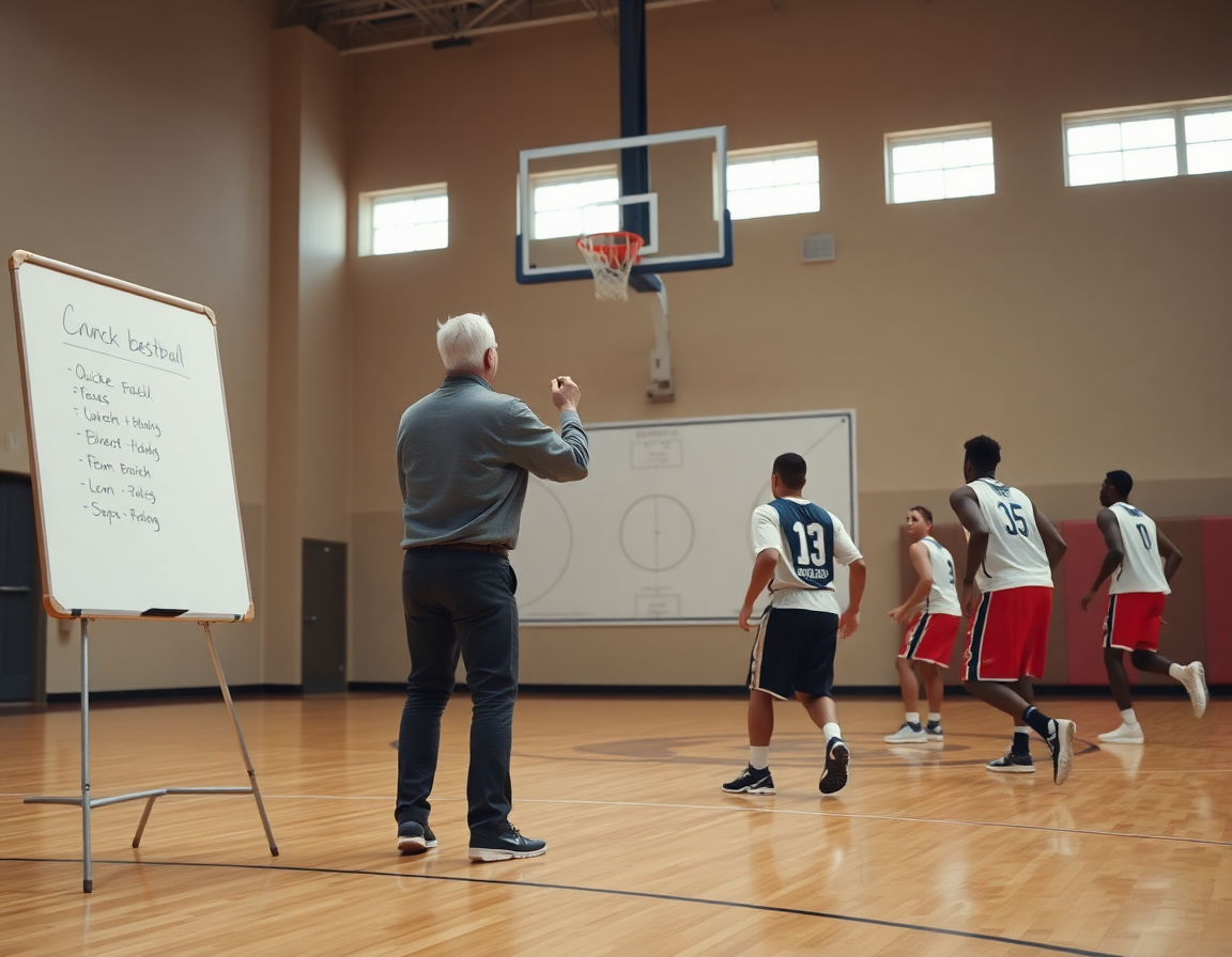 Coach in polo staffetta con una lavagna tattica mentre due giocatori eseguono esercizi basket dai e vai.