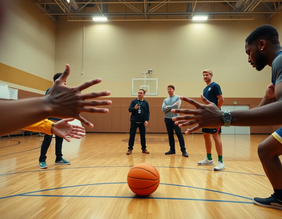 Primo piano sulle mani e sul pallone, come allenare il tiro nel basket durante l'allenamento.
