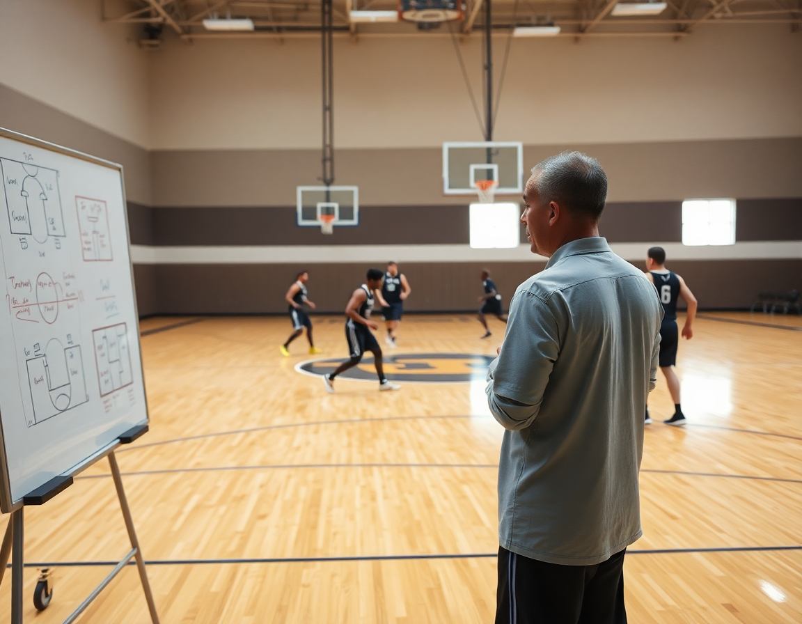 Allenatore davanti a una lavagna, come allenare il tiro nel basket, pratiche di gioco.