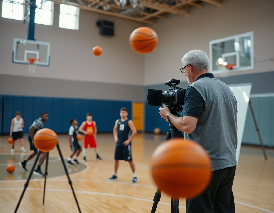 Scena di videoregistrazione: giocatori palleggiano e passano sul parquet davanti a una telecamera.