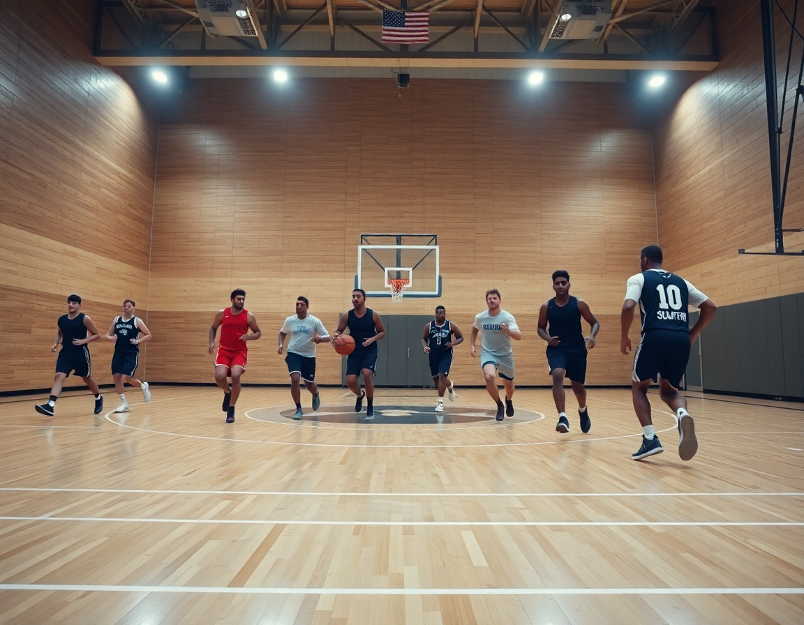 Giocatori eseguono una drill di basket mentre il coach indica come allenare una squadra di basket.