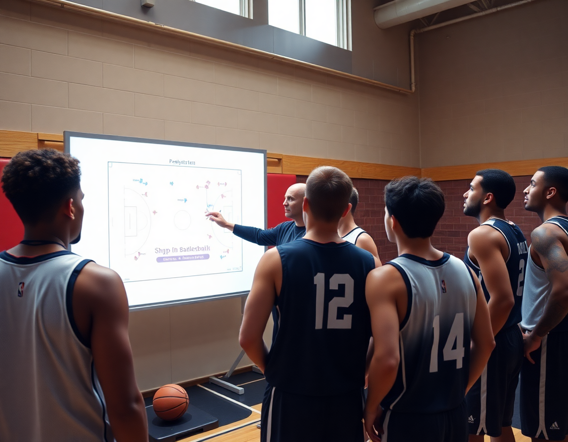 Giocatori guardano una lavagna tattica mentre il coach indica come allenare una squadra di basket.