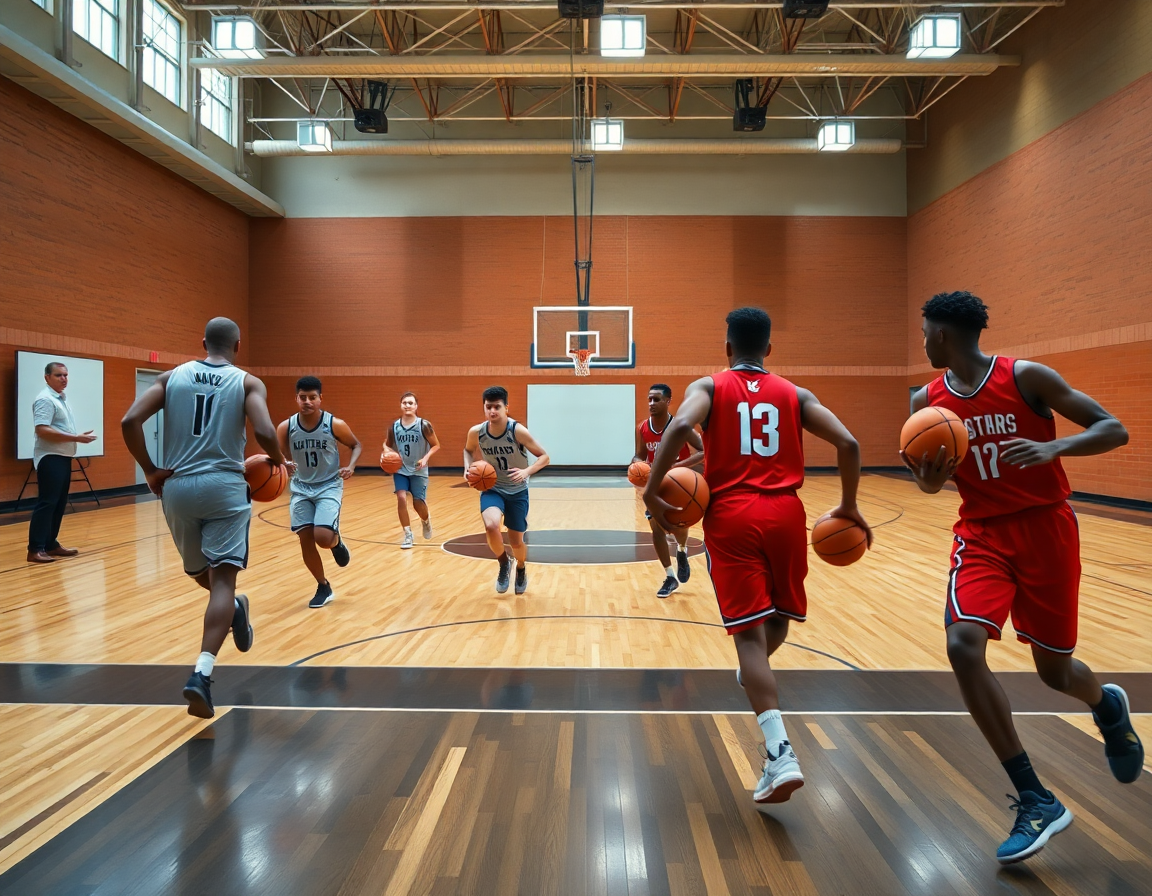Gruppo di giocatori corre sull'angolo della palestra durante una sessione di attacco contro zona basket.
