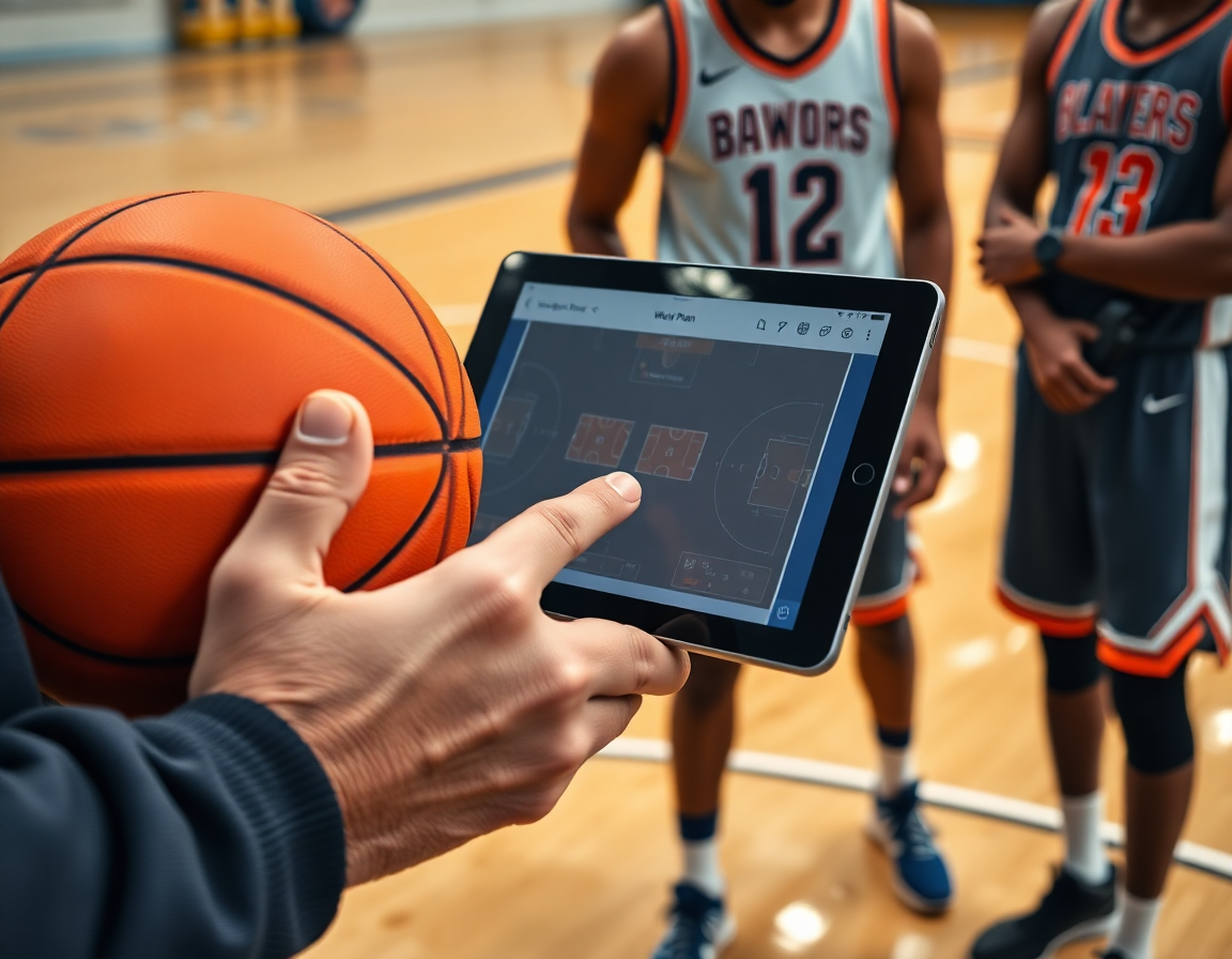 In primo piano, mani con una pallina arancione osservano schemi basket online durante l'allenamento.