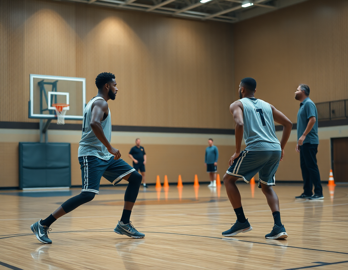 Due giocatori in difesa, postura bassa, sull'area di basketball, insieme all'allenatore che spiega come difendere bene a basket.
