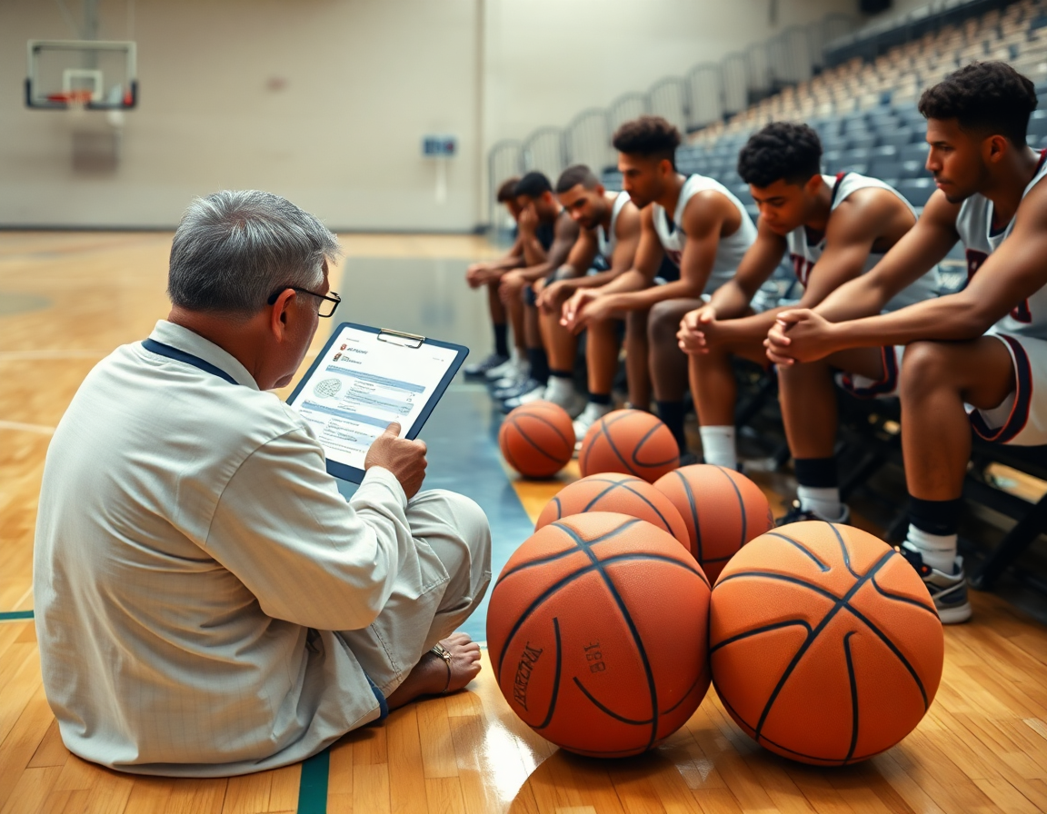 Scena di scouting: allenatore e scout discutono come difendere bene a basket contro l'avversario.
