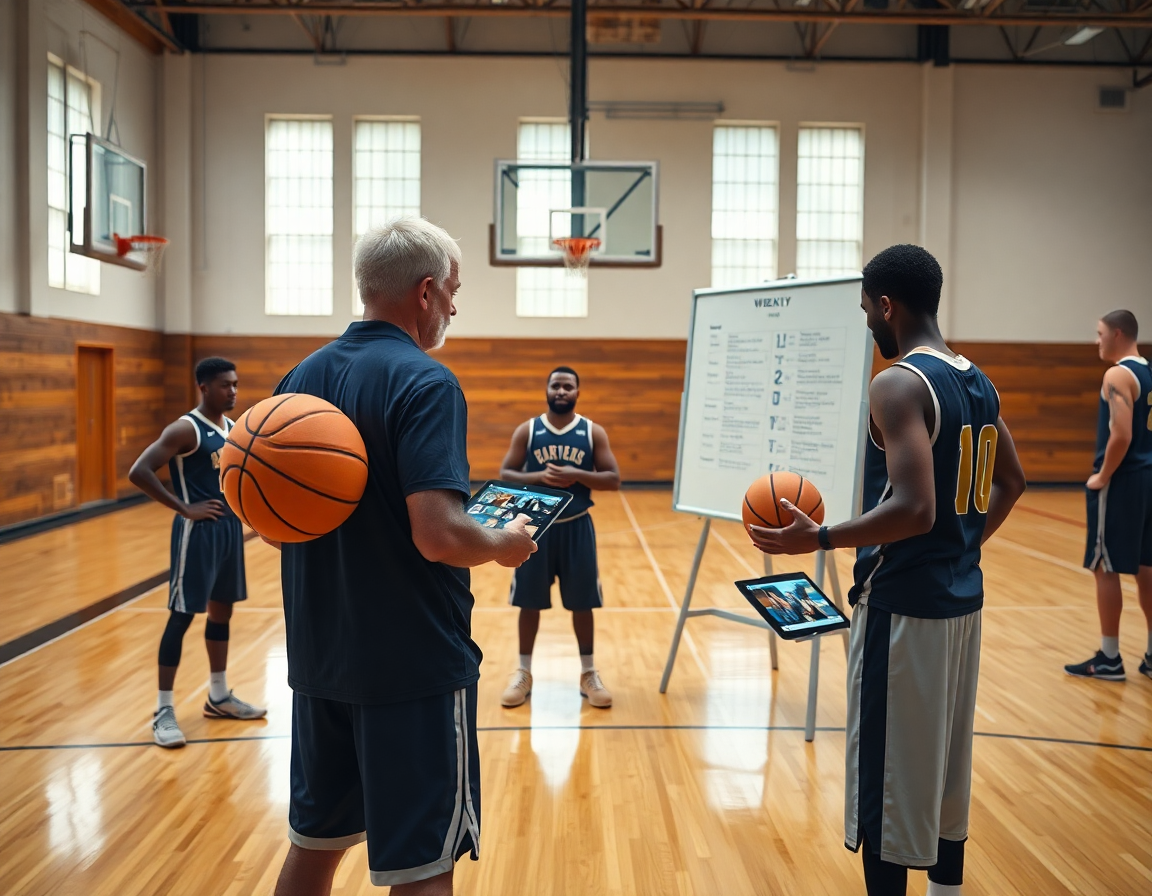 Coach e giocatori discutono la settimana di basket, migliore scuola basket roma, durante l'allenamento in palestra.