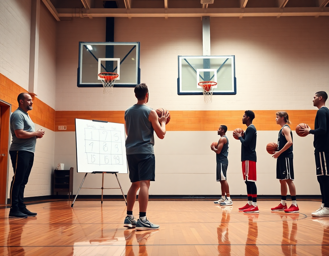 Un coach indica una progressione di tiro con la whiteboard; come migliorare la tecnica di tiro nel basket.