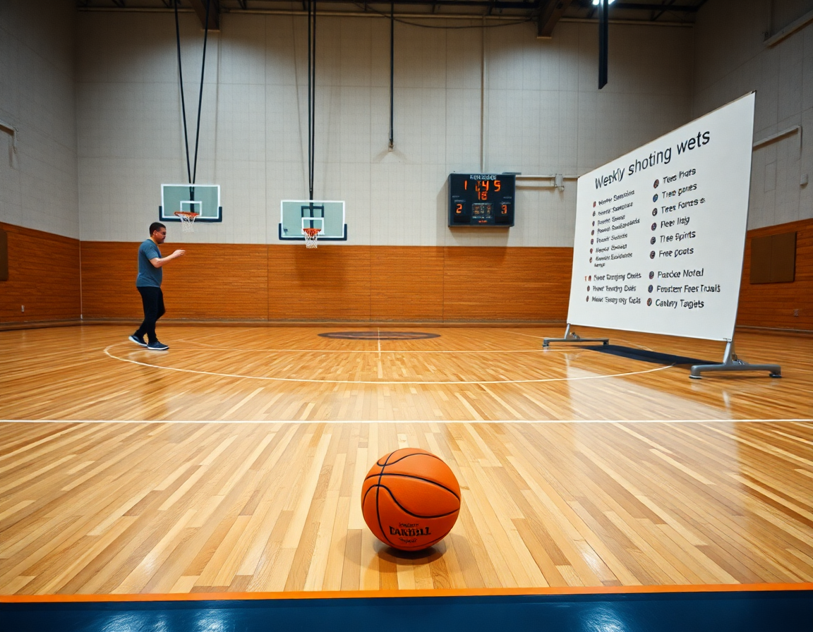 Allenatore imposta obiettivi settimanali di tiro sul campo di basketball insieme ai giocatori.