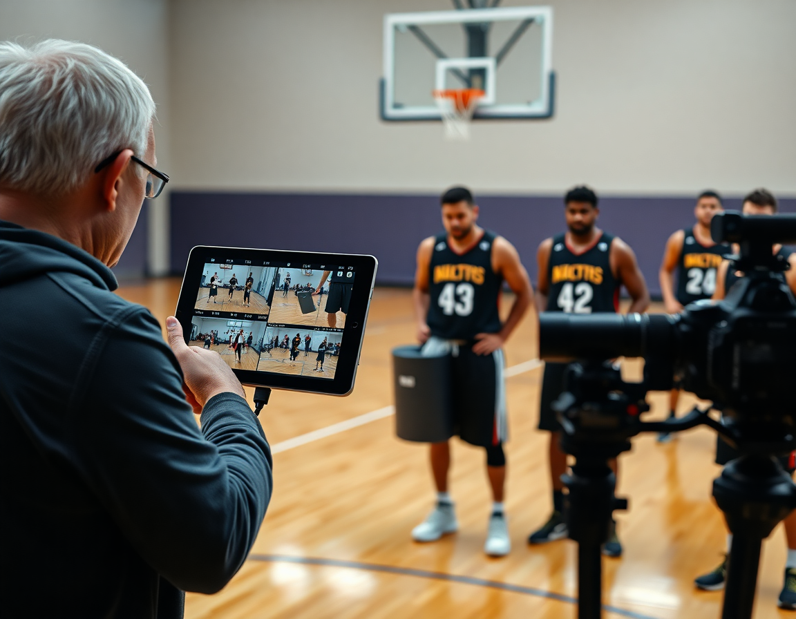 Video-analisi di tiri: l'allenatore guida miglioramenti nel tiro basketball attraverso clip e appunti.