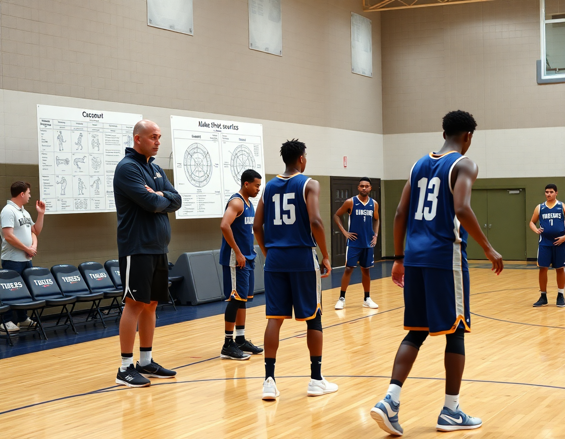 Scouting e contromisure: coach e squadra analizzano appunti difensivi basketball durante la sessione di tiro.