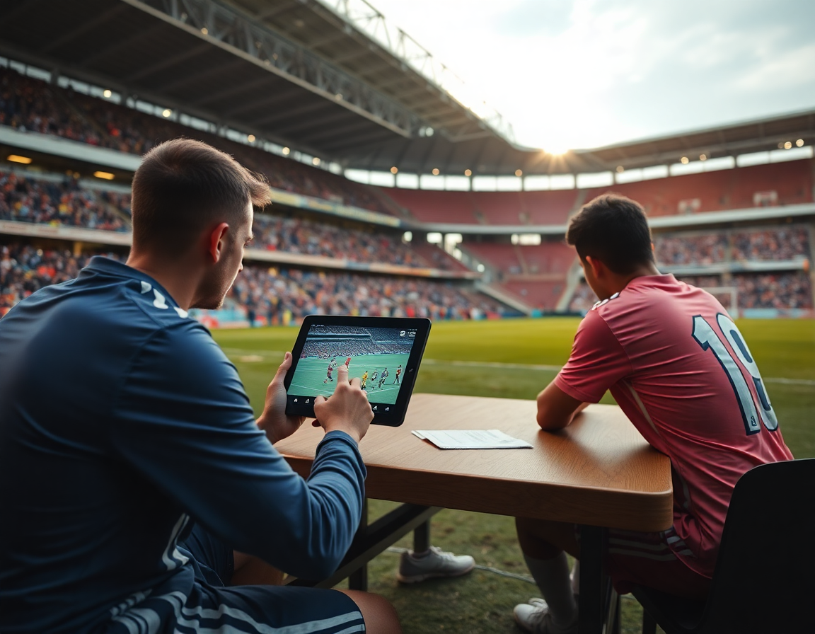 Allenatore mostra clip video su tablet ai giocatori nell'angolo del campo, con cartella scouting sul tavolo.