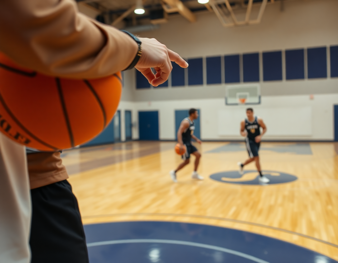 Dettaglio in palestra: coach indica una lavagna bianca mentre una mano stringe una basket.