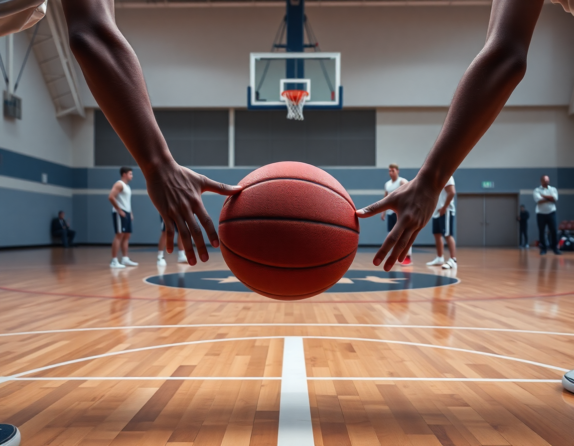 Mani palleggiano un pallone arancione sul parquet, mentre i compagni seguono il sistema basket in allenamento.