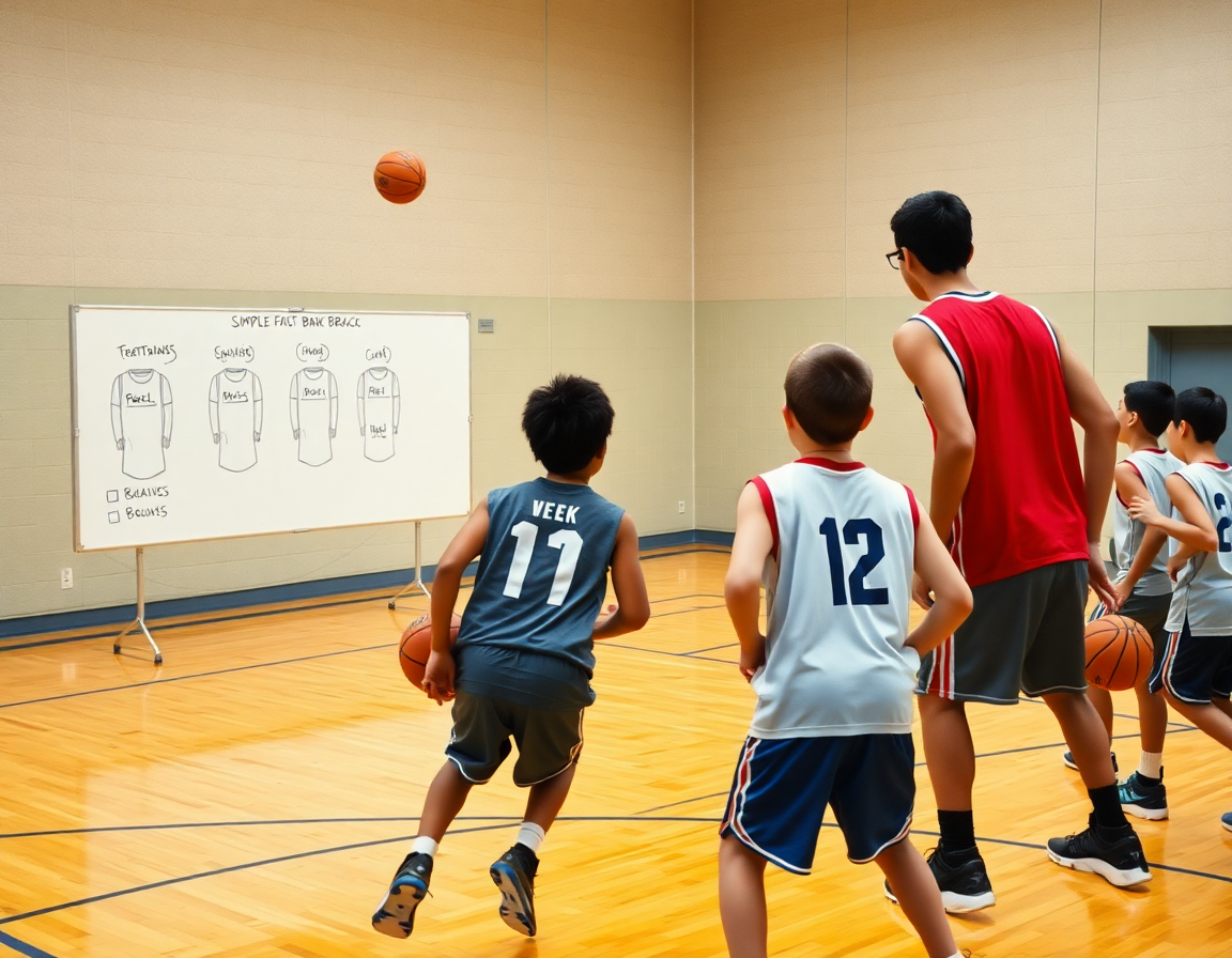 Drill di contropiede tra giovani giocatori Under 16 mentre il coach indica movimenti sul campo di basket.