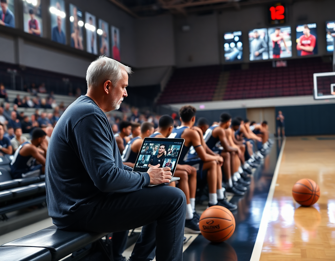 Coach controlla clip video sul laptop mentre i giocatori guardano dalla panchina, contenuti di basket.
