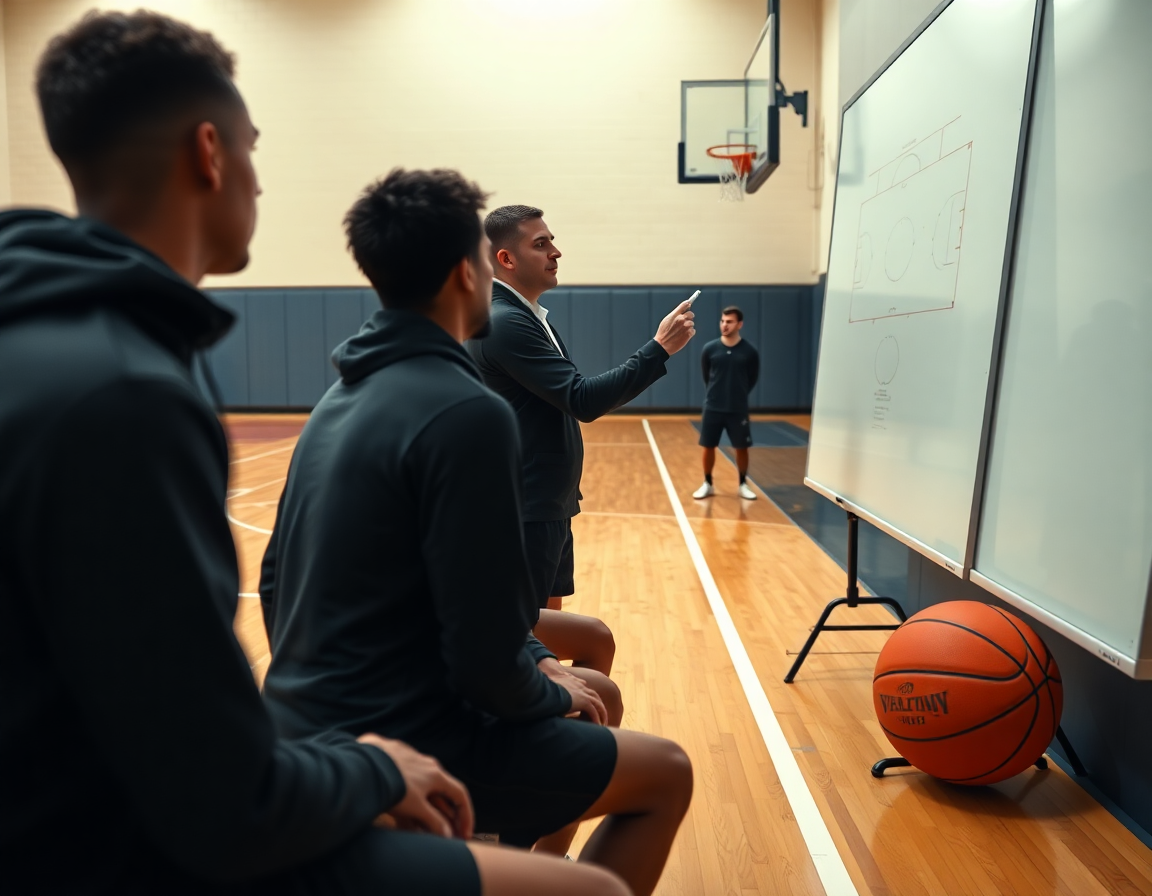 Primo piano su un coach che disegna tattiche sul whiteboard durante corso allenatore basket emilia romagna 2026, squadra.