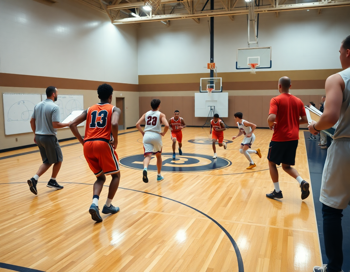 Allenatore mostra flusso di lavoro settimanale durante corso allenatore basket emilia romagna 2026, palestra piena di giocatori.