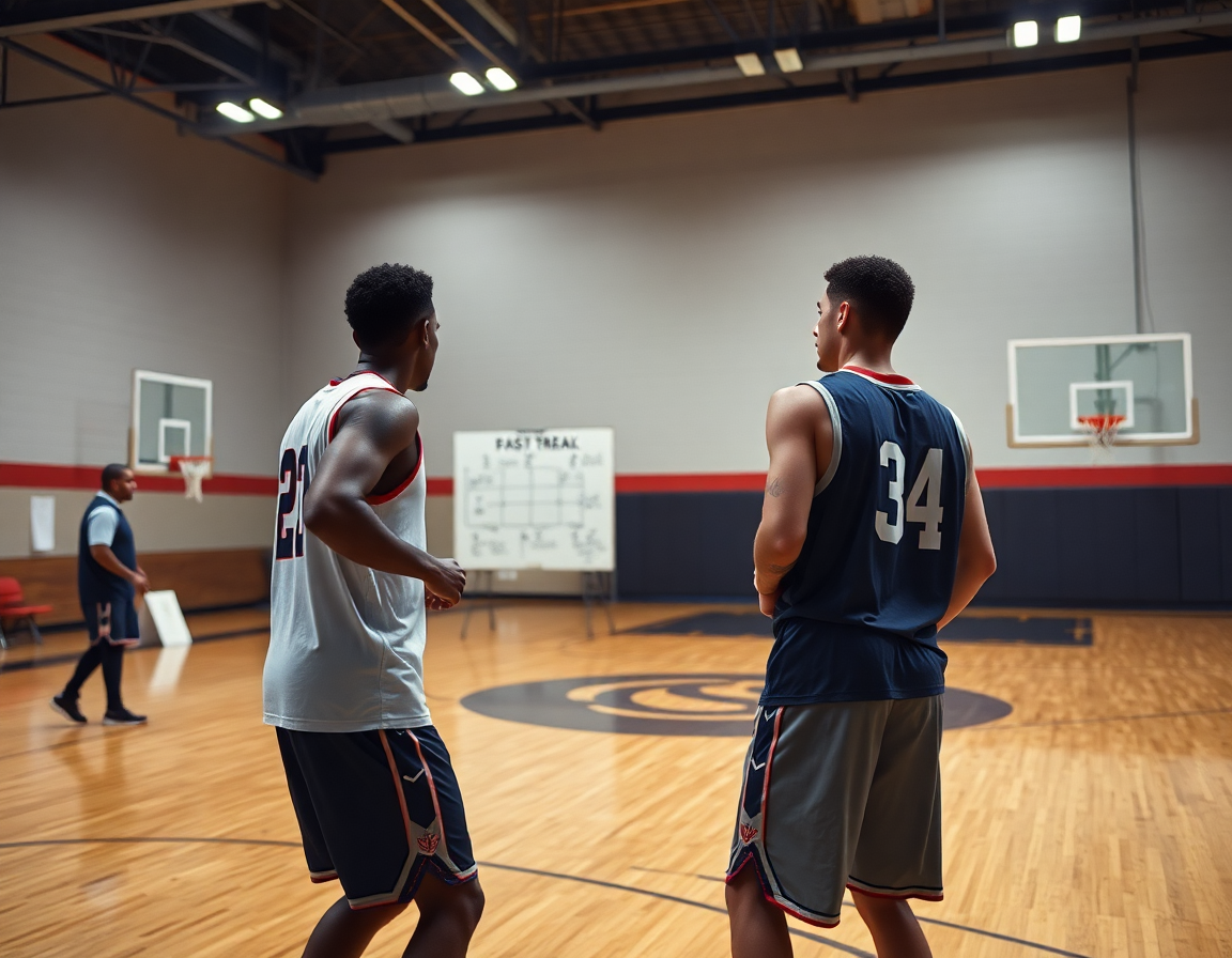 Scatto ravvicinato di due giocatori in un pick-and-roll vicino all'arco; coach indica la tattica.