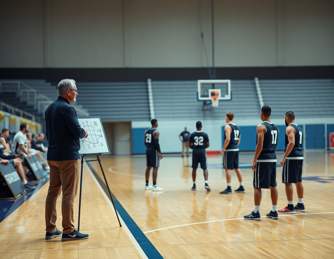 Allenatore con lavagna bianca disegna passaggi nel corso allenatore basket mentre i giocatori eseguono una rapida esercitazione.