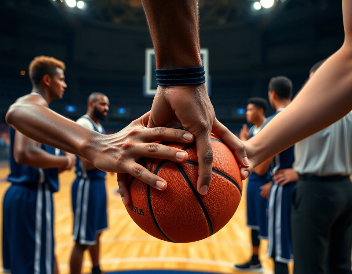 Primo piano sulle mani che afferrano una palla mentre compagni si posizionano al vertice nel corso allenatore basket.
