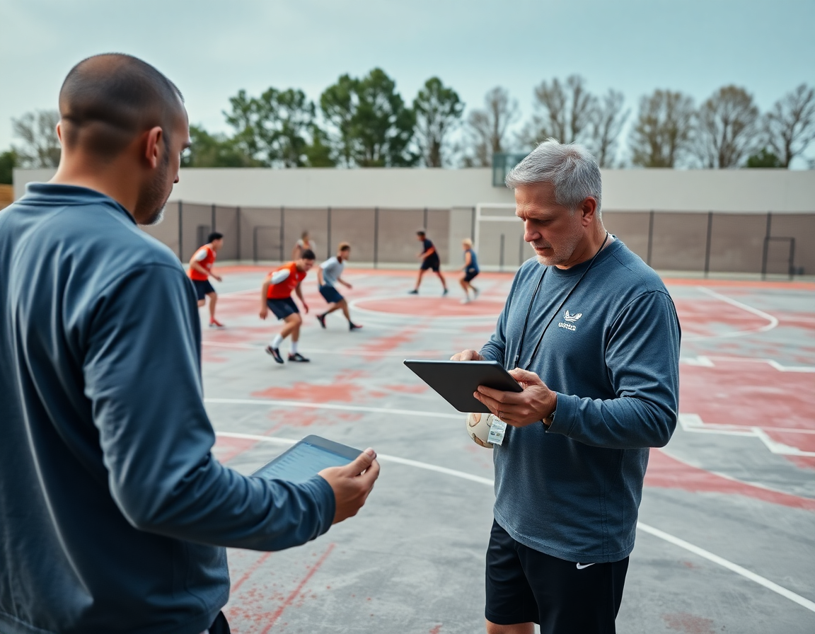 Panoramica di giocatori in corsa sul cemento, l’allenatore consulta un piano di pratica nel corso allenatore basket.